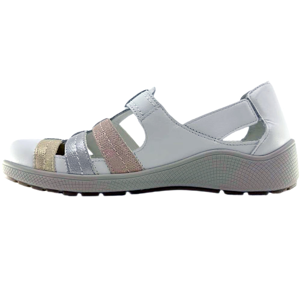 A women's white sandal with gold, silver, and rose gold straps, shown from a side profile on a white background.