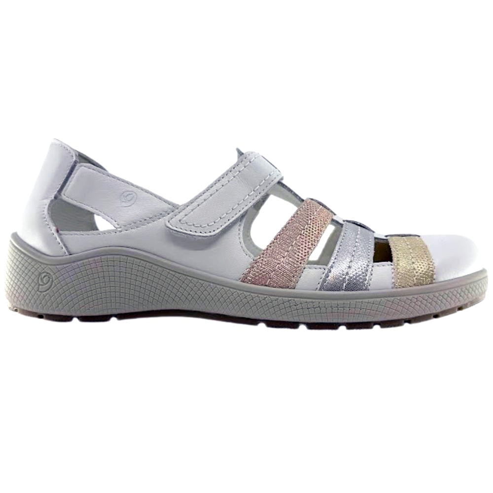 A women's sandal in white with metallic rose gold, silver, and gold glittery straps, shown from a side profile on a white background.