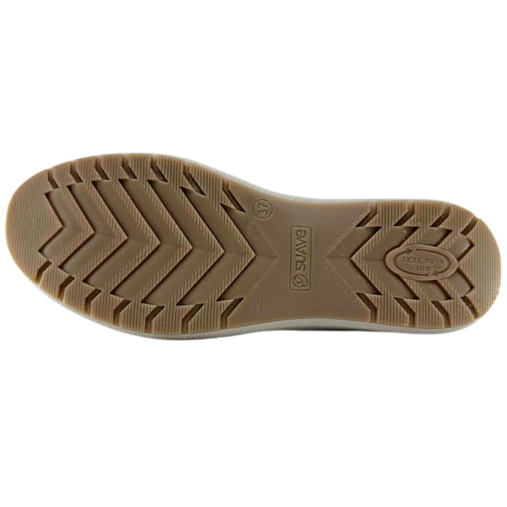 A top-down view of a brown rubber shoe sole with a textured chevron tread pattern, featuring embossed branding for 'SUAVE'.