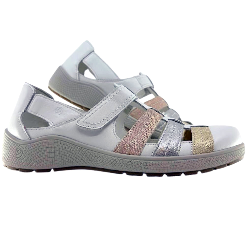 A pair of women's sandals in white with silver, rose gold and gold accent straps, shown against a plain white background.