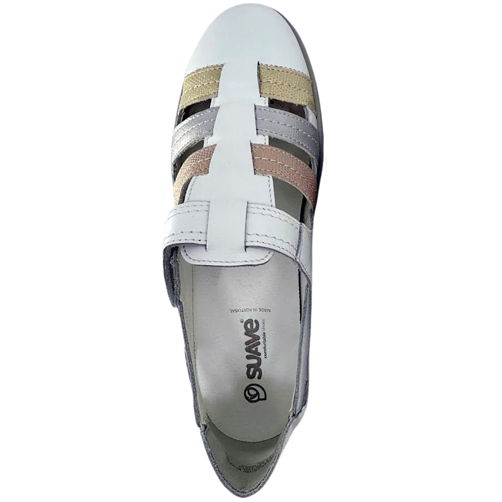 A single women's sandal by Suave, featuring a white leather upper with metallic gold, silver, and rose gold straps, shown from a top-down view on a white background.
