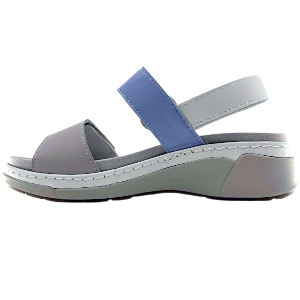A women's wedge sandal in gray and light blue, shown from a side profile view against a plain white background.