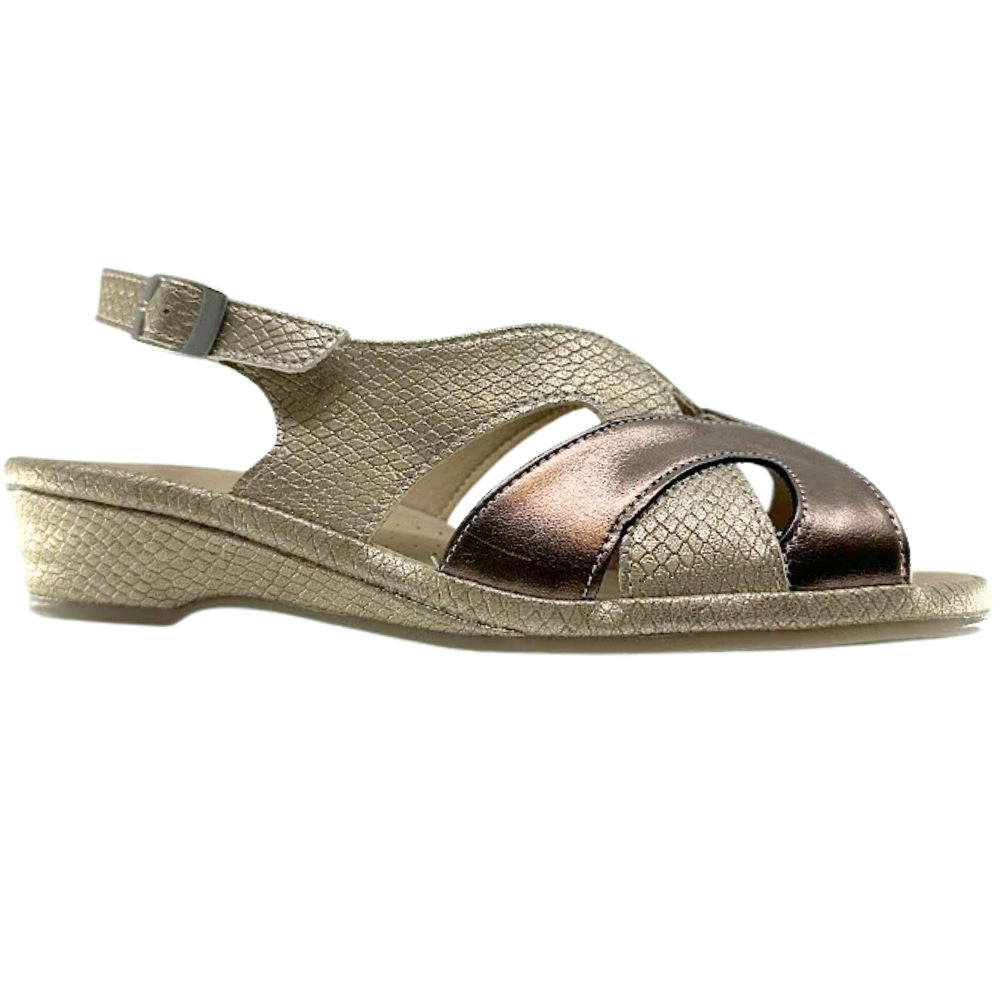 A women's wedge sandal featuring metallic bronze and textured gold straps, shown in a side profile on a white background.