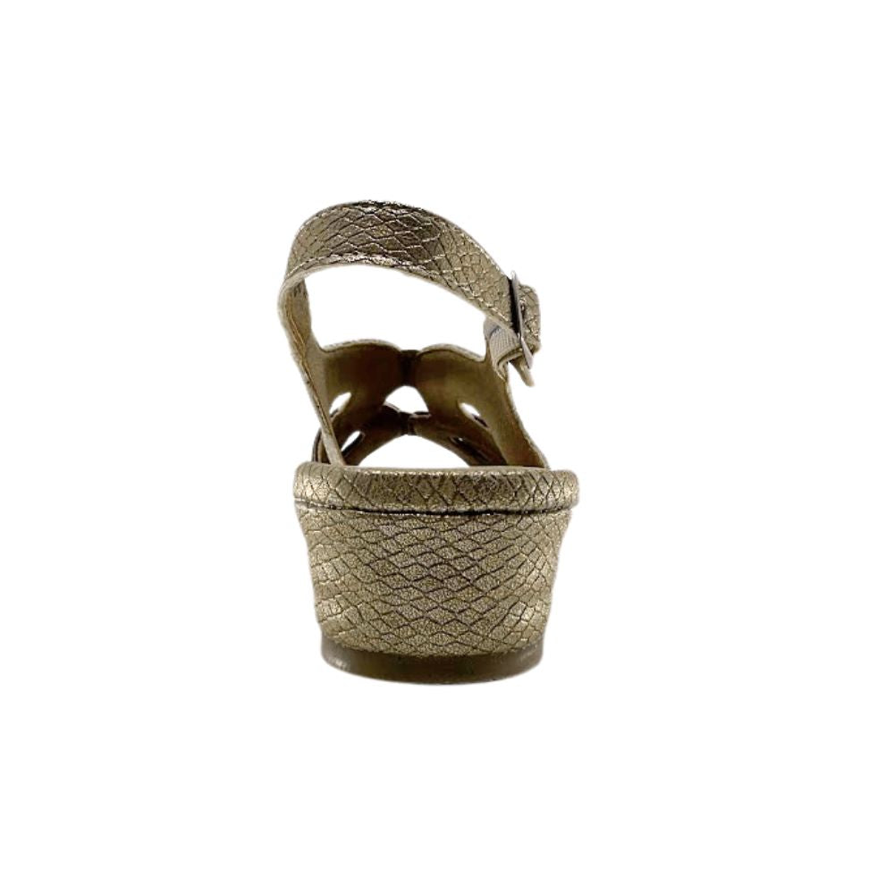 A single metallic gold wedge sandal with a textured pattern, shown from a rear three-quarter angle against a plain white background.