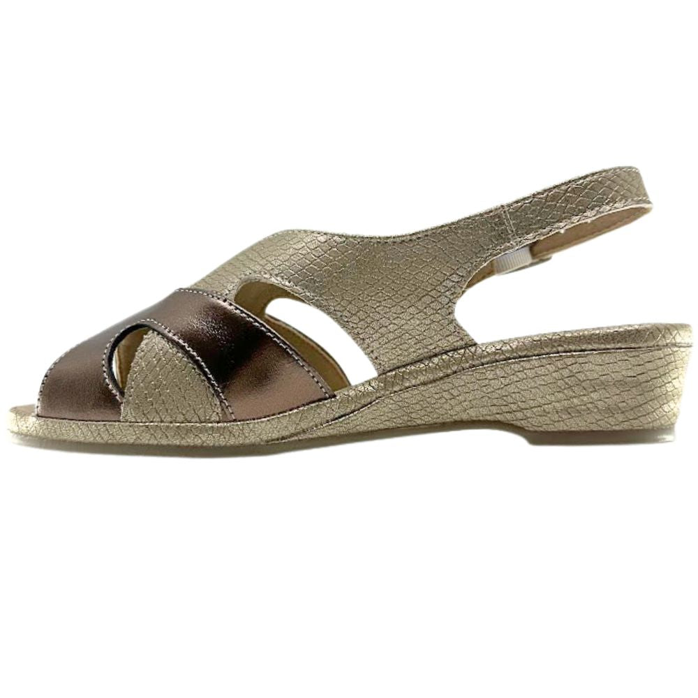 A women's wedge sandal with metallic gold textured straps and a bronze metallic toe strap, shown from a side profile on a white background.