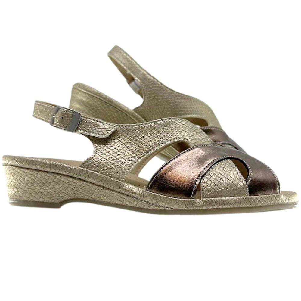 A pair of women's wedge sandals in metallic gold and bronze tones with a textured leather finish, shown against a plain white background.