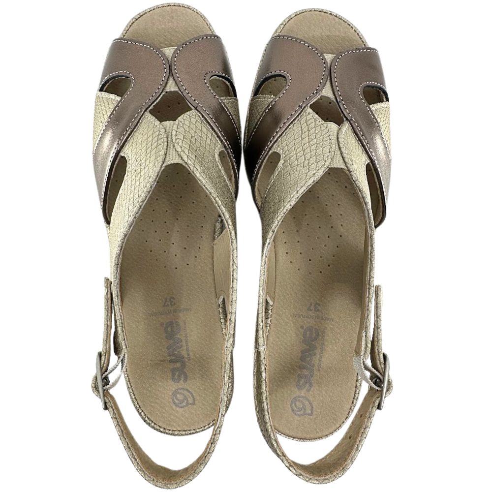 A pair of women's sandals by Suave, featuring a mix of textured gold and bronze straps, shown from a top-down view on a white background.