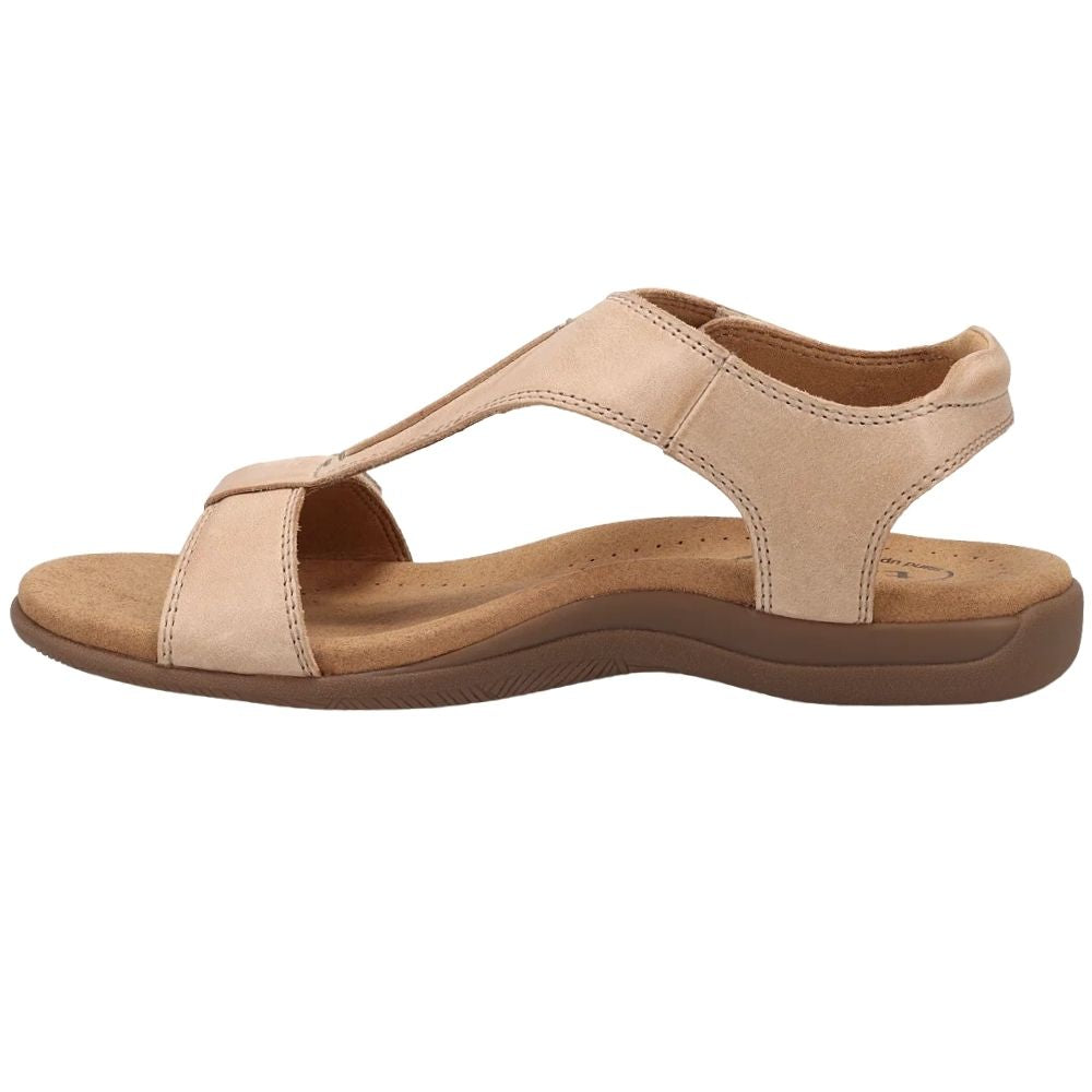 A single women's T-strap sandal shown in profile against a plain white background. The upper straps are made of beige leather, while the footbed and outsole are brown.