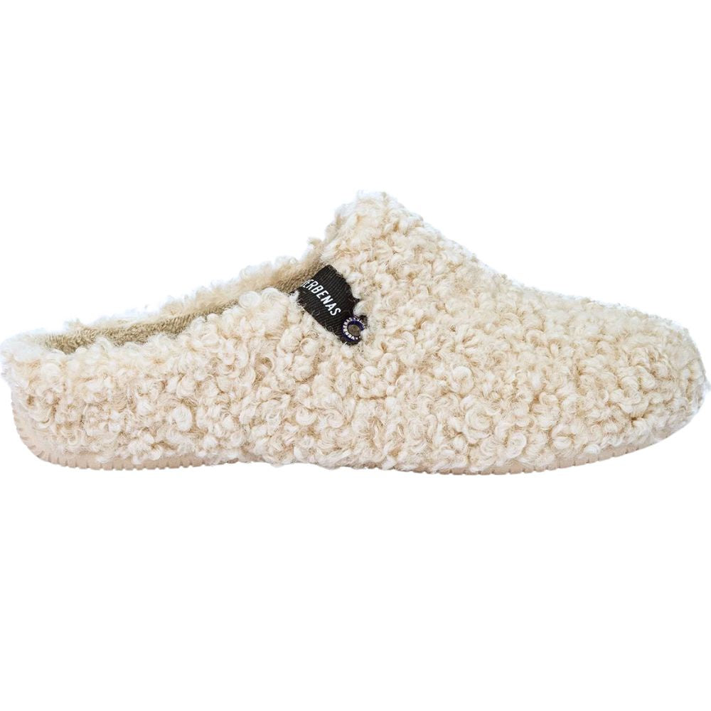 Beige slipper with a brand logo on a white background