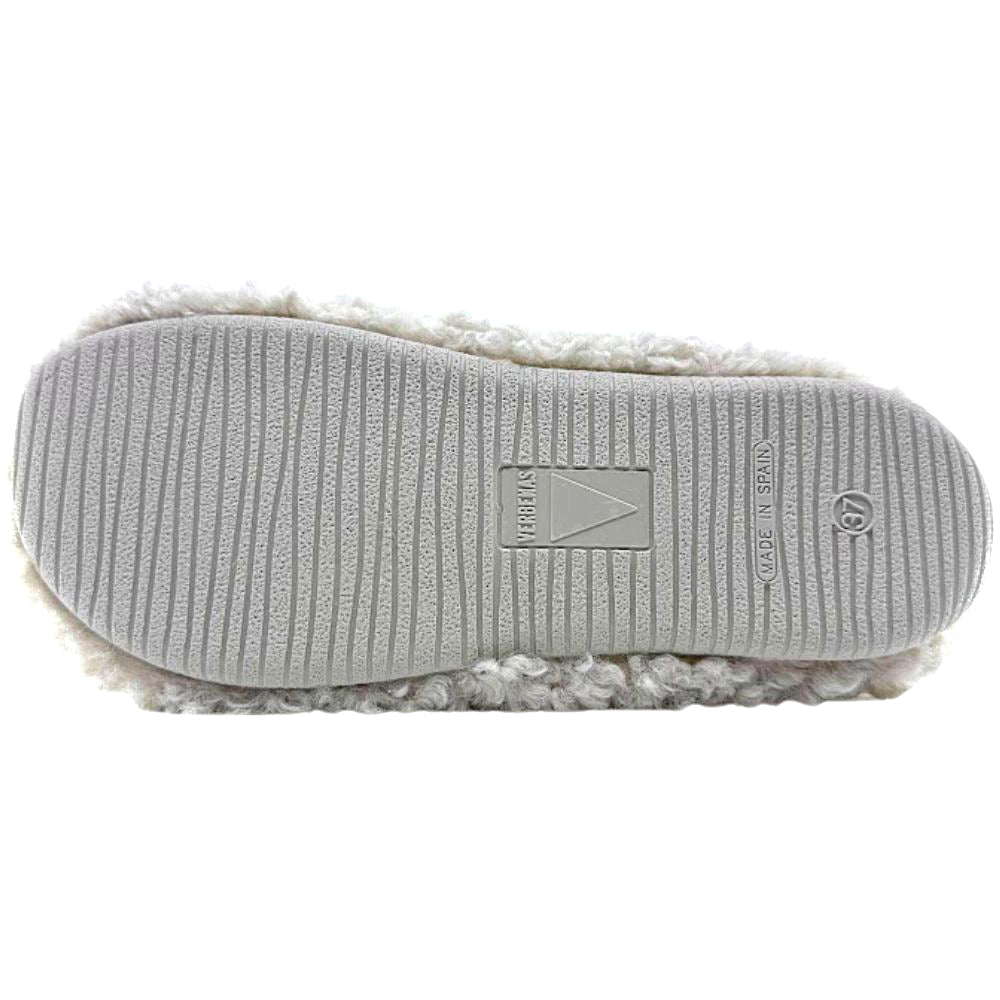 Beige slipper with textured sole and brand logo on a white background