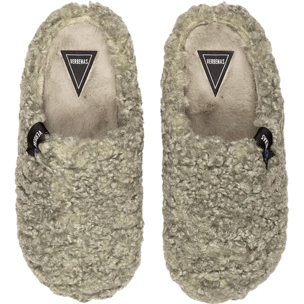 Pair of green textured slippers with a brand logo on a white background