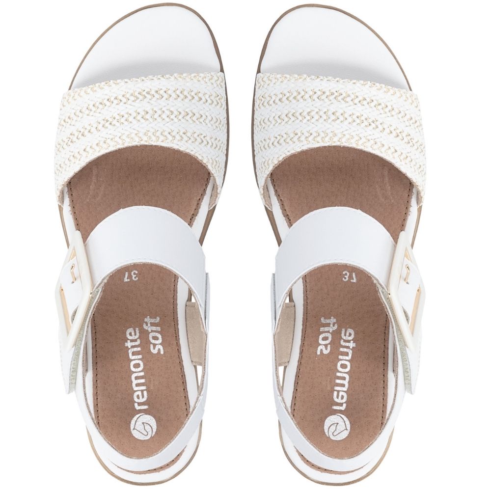 A pair of white and gold woven sandals shown from a top-down view on a white background, with the brand name 'remonte soft' visible on the footbed.