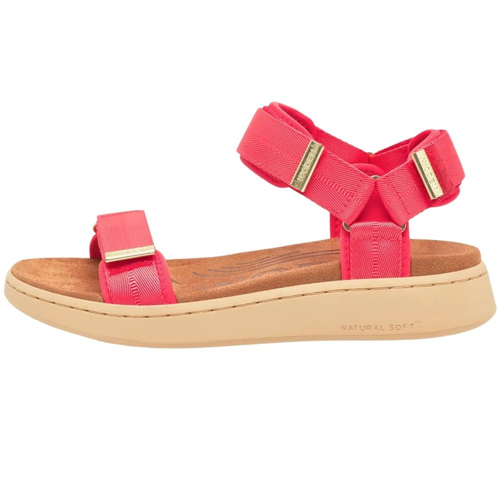 A single women's platform sandal in red with a moulded microfibre footbed and a beige sole, featuring gold-tone metal hardware on the straps.