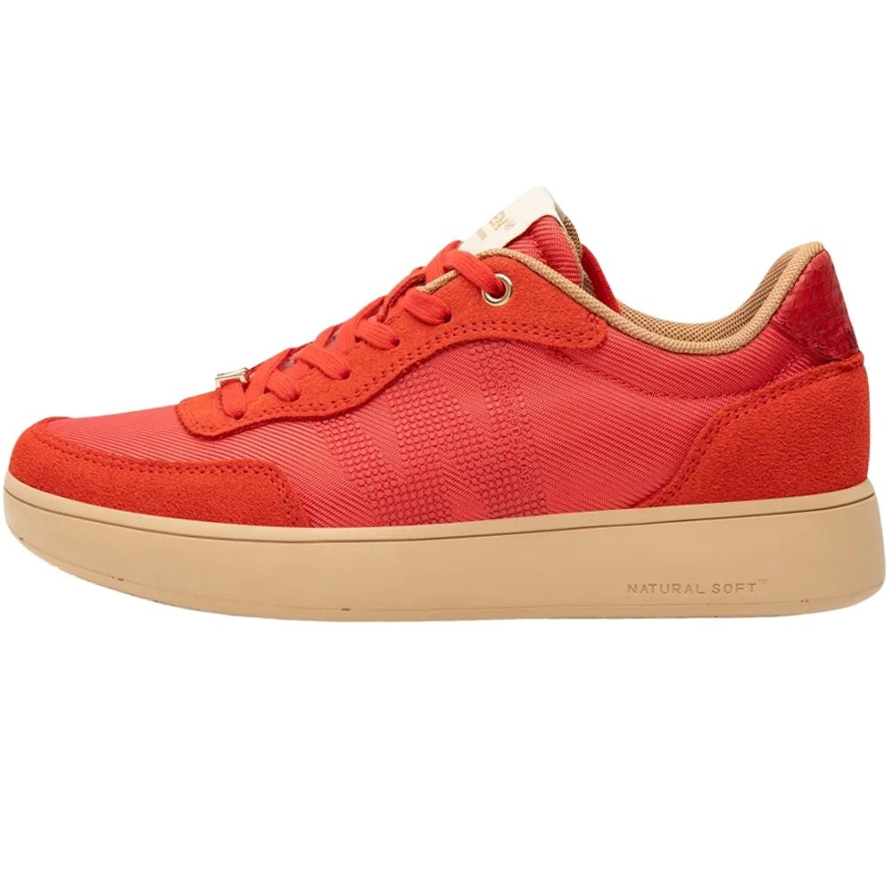 A low-top sneaker in a vibrant red-orange colorway, featuring a mix of textured mesh and suede panels, matching red laces, and a beige sole. 