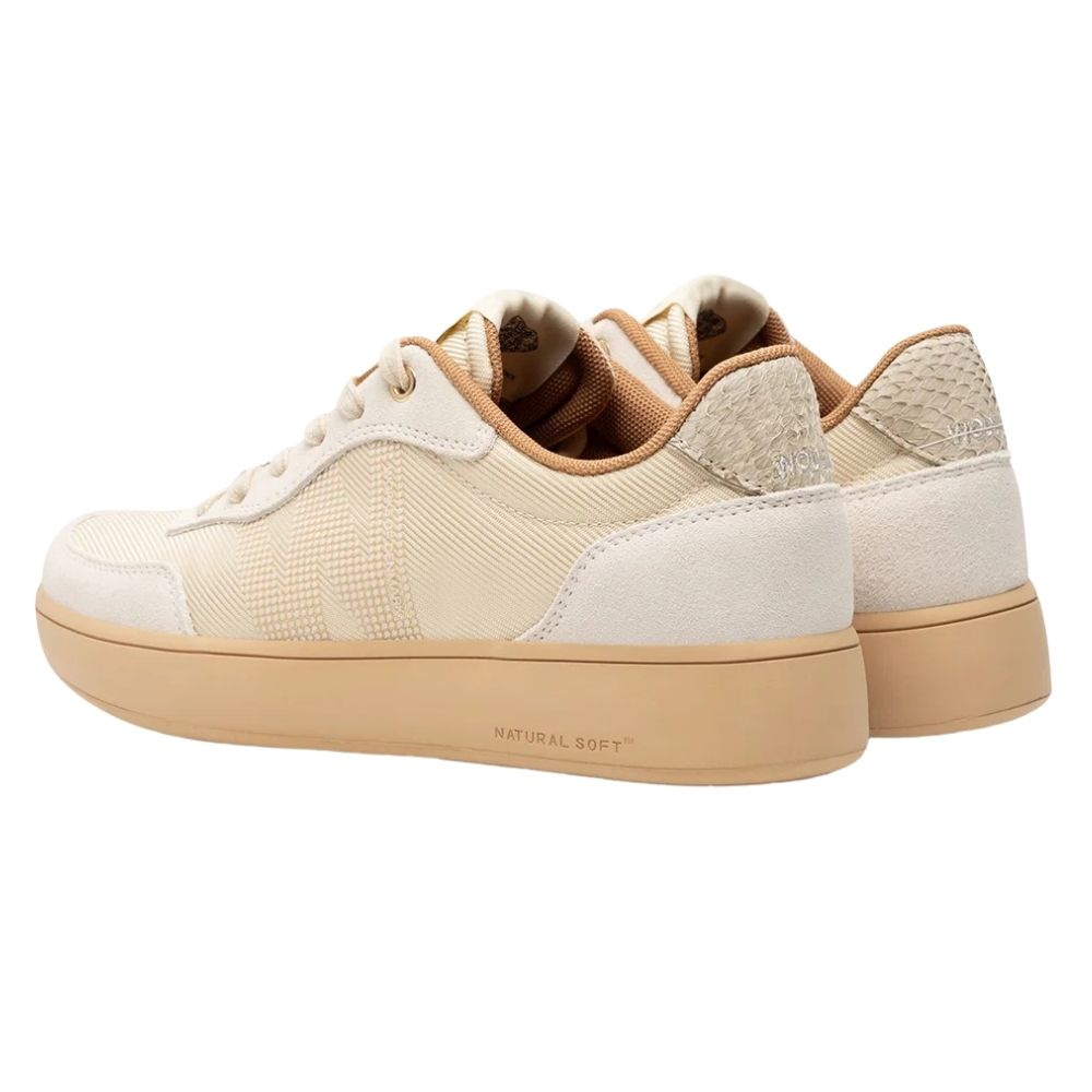 A pair of low-top platform sneakers in beige and cream tones, featuring textured mesh panels, smooth overlays, a fish leather patterned heel tab, and a thick beige platform sole with 'NATURAL SOFT' printed on the side.