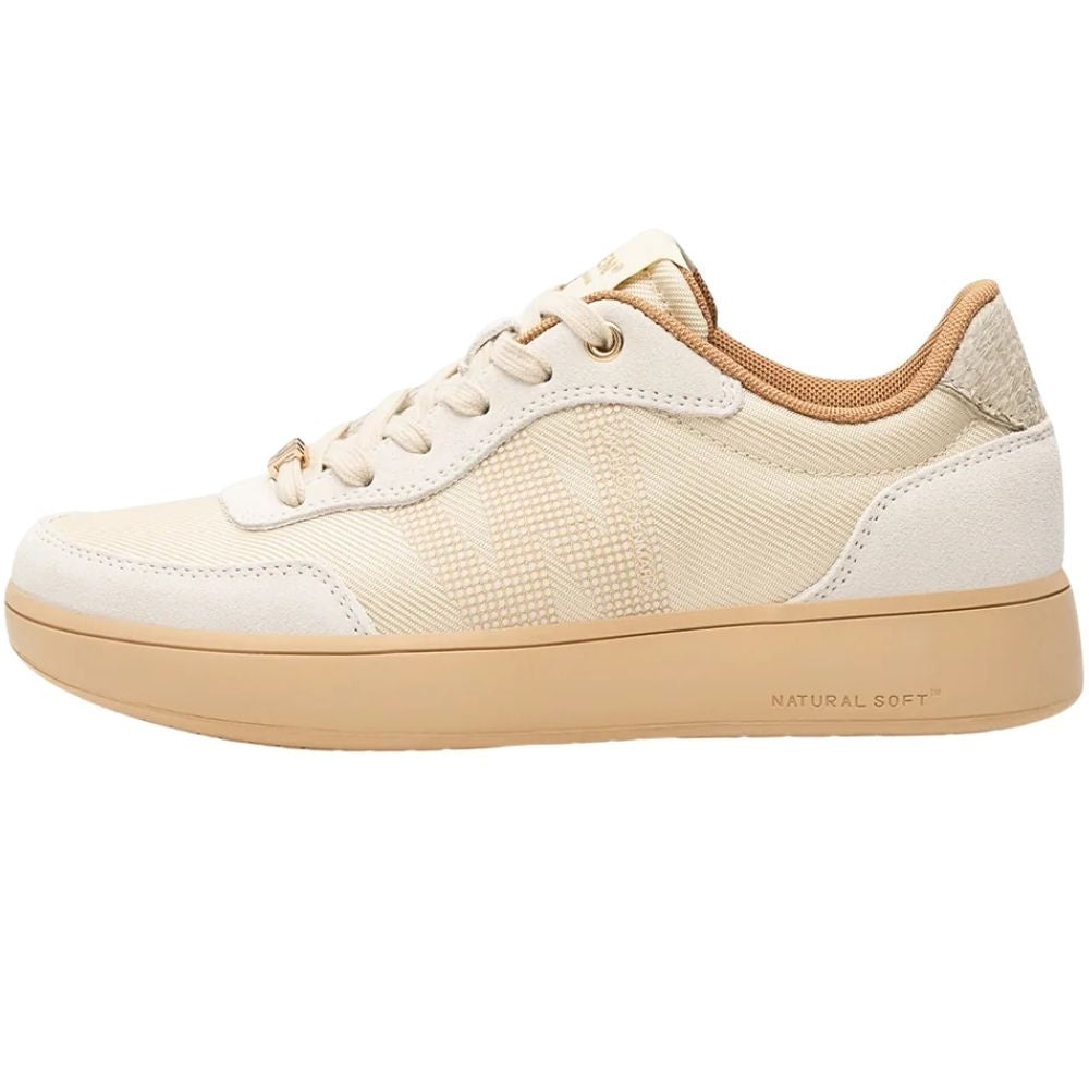 A single ivory sneaker with textured mesh, suede and leather panels with gold embellishments and a beige sole on a white background.