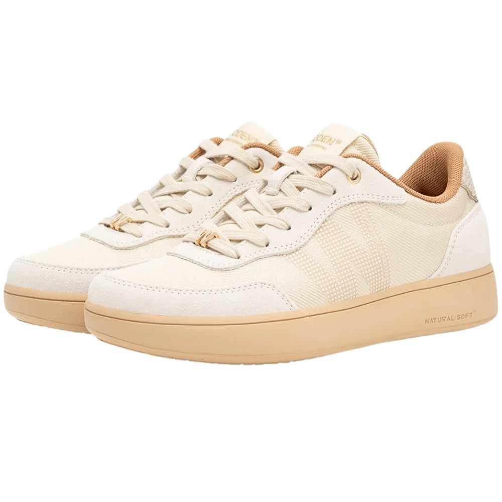 A pair of ivory sneakers with textured mesh, suede and leather panels with gold embellishments and beige soles on a white background.