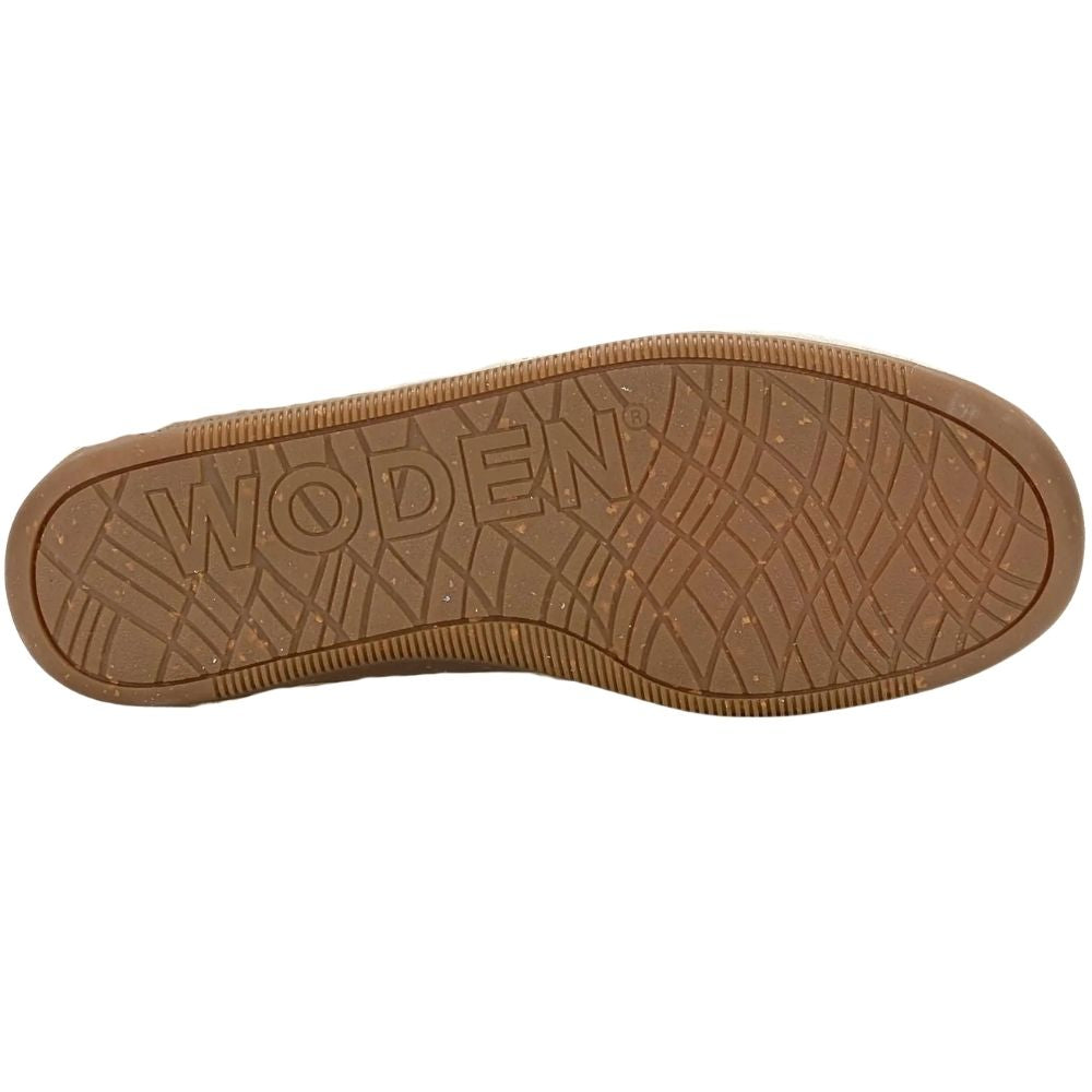 The brown rubber outsole of a shoe, featuring the brand name 'WODEN' embossed in large letters, shown against a plain white background.