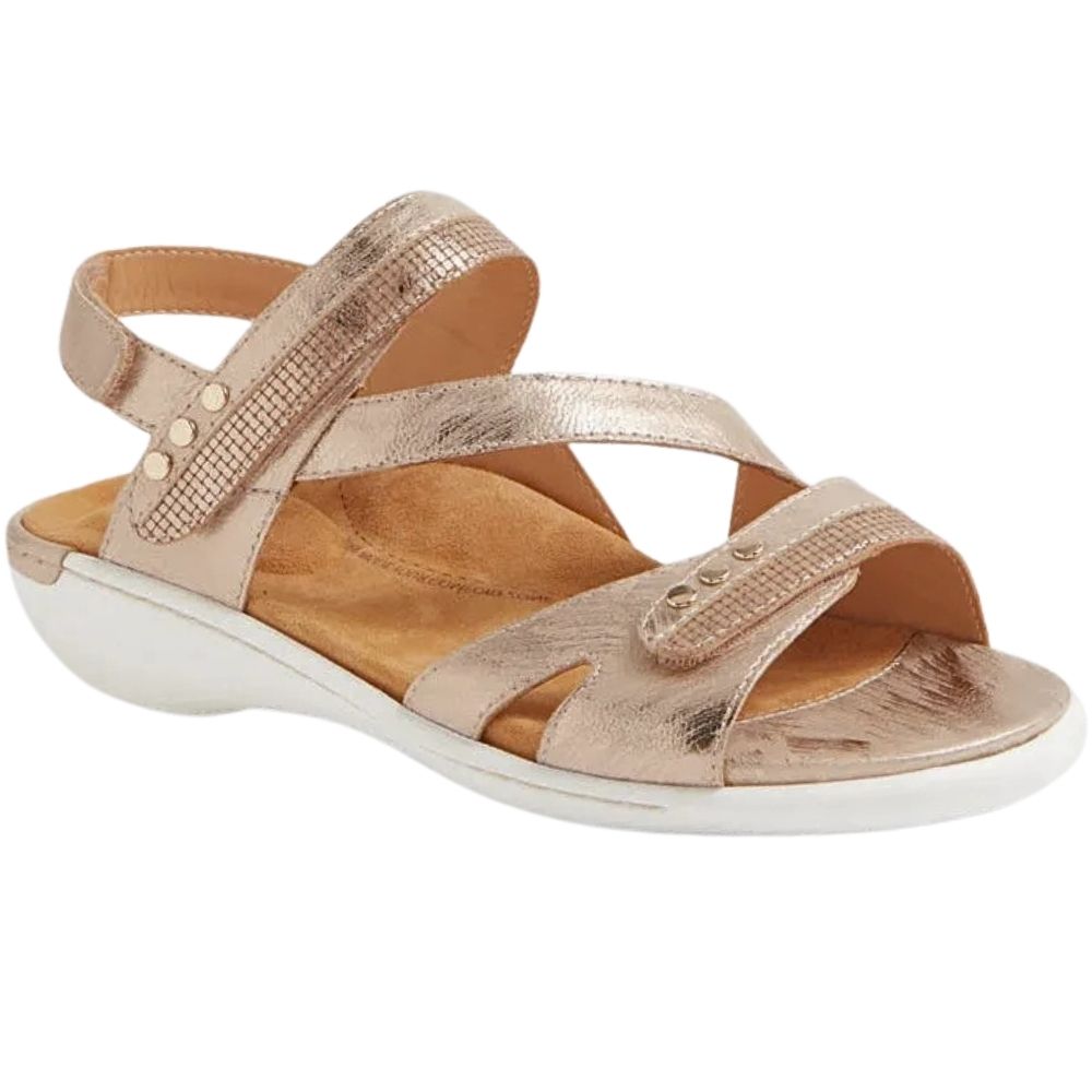 A pair of metallic rose-gold sandals with adjustable straps on a white sole, against a white background.