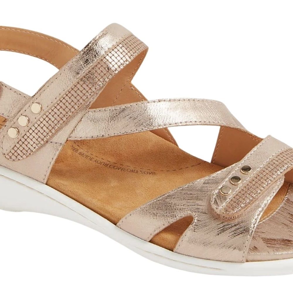 A close-up of a metallic rose-gold sandal with adjustable straps on a white sole, against a white background.