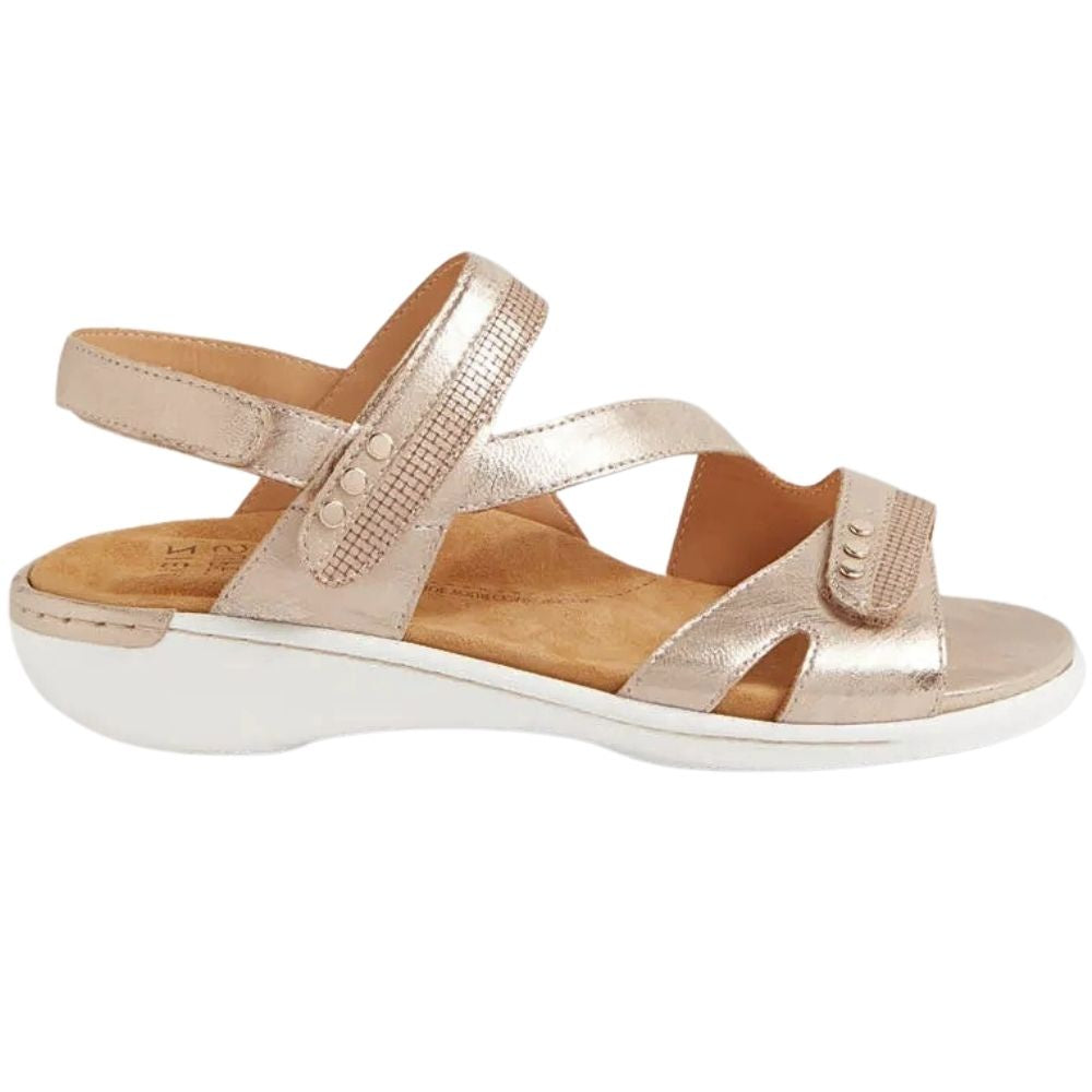 The outside view of a single metallic rose-gold sandal with adjustable straps on a white sole, against a white background.