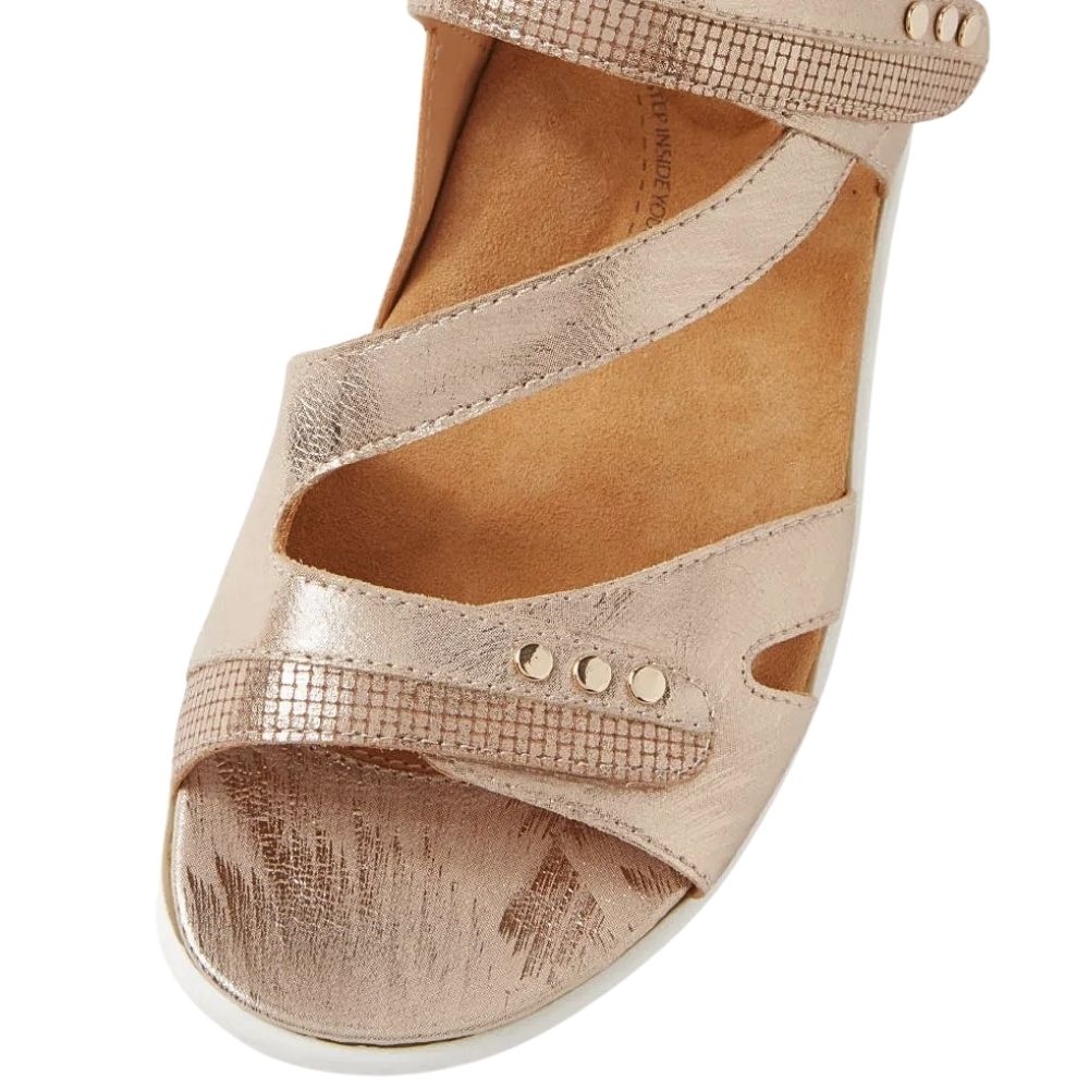 The top of a single metallic rose-gold sandal with adjustable straps, against a white background.