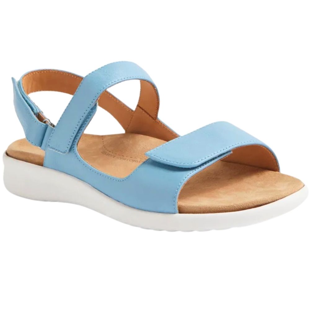 A light blue leather ZIERA sandal with a white sole and a tan microfibre footbed, shown from a side profile on a white background.