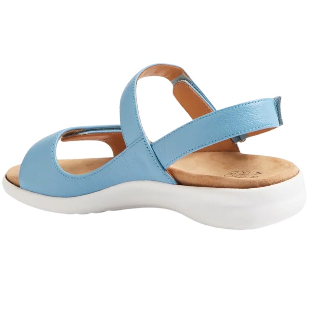 A light blue leather ZIERA sandal with a thick white sole and a tan microfirbre, anatomic footbed, shown from a side profile view on a white background.