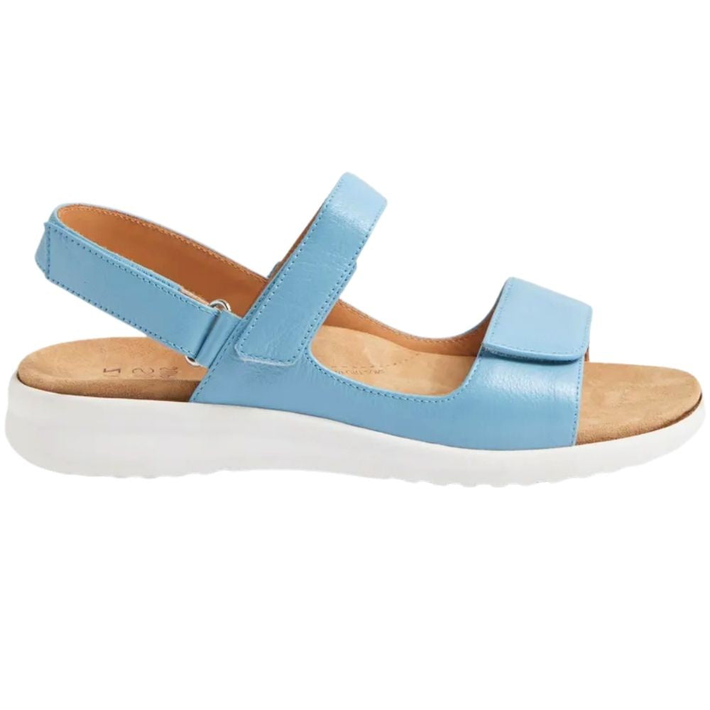 A light blue leather ZIERA sandal with a thick white sole and a tan microfibre footbed, shown from a side profile view on a white background.