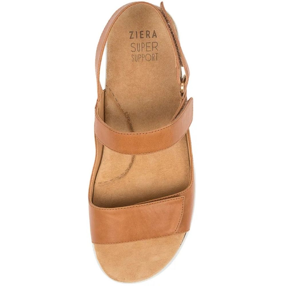 A top-down view of a Ziera Super Support sandal in tan leather and suede, featuring three adjustable Velcro straps, set against a plain white background.