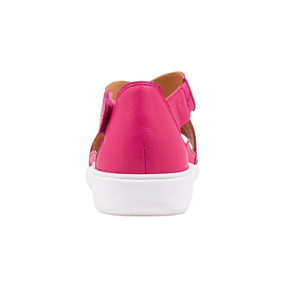 A single bright pink leather sandal shown from the back, featuring a white platform sole and a brown inner lining, set against a plain white background.