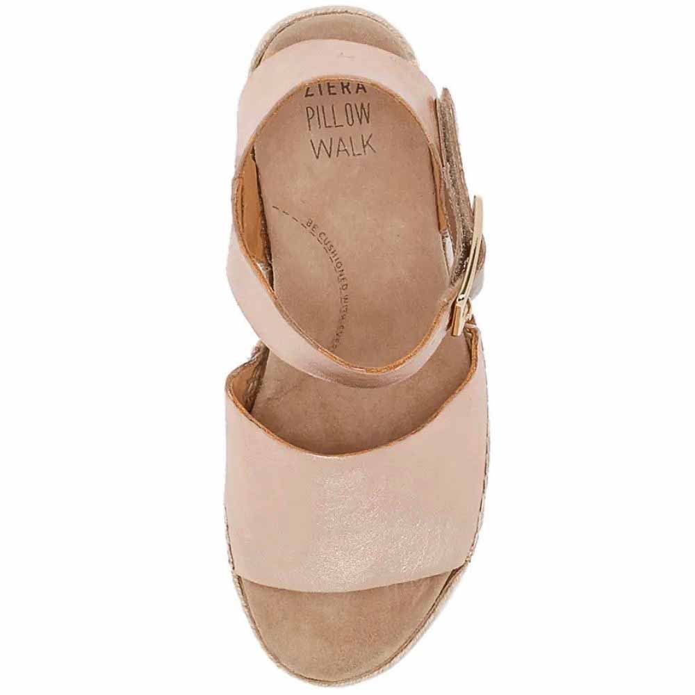 A single Ziera Pillow Walk wedge espadrille sandal shown from a top-down view on a white background. The sandal features a champagne gold upper strap and a tan suede-like footbed and insole.