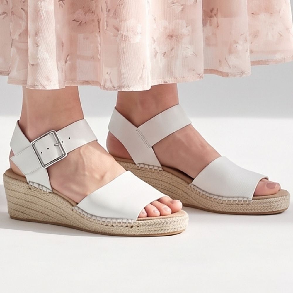 A pair of white leather espadrille wedges with an open toe and ankle strap adorned with a silver buckle, worn by a model with a pink skirt against a white studio background.