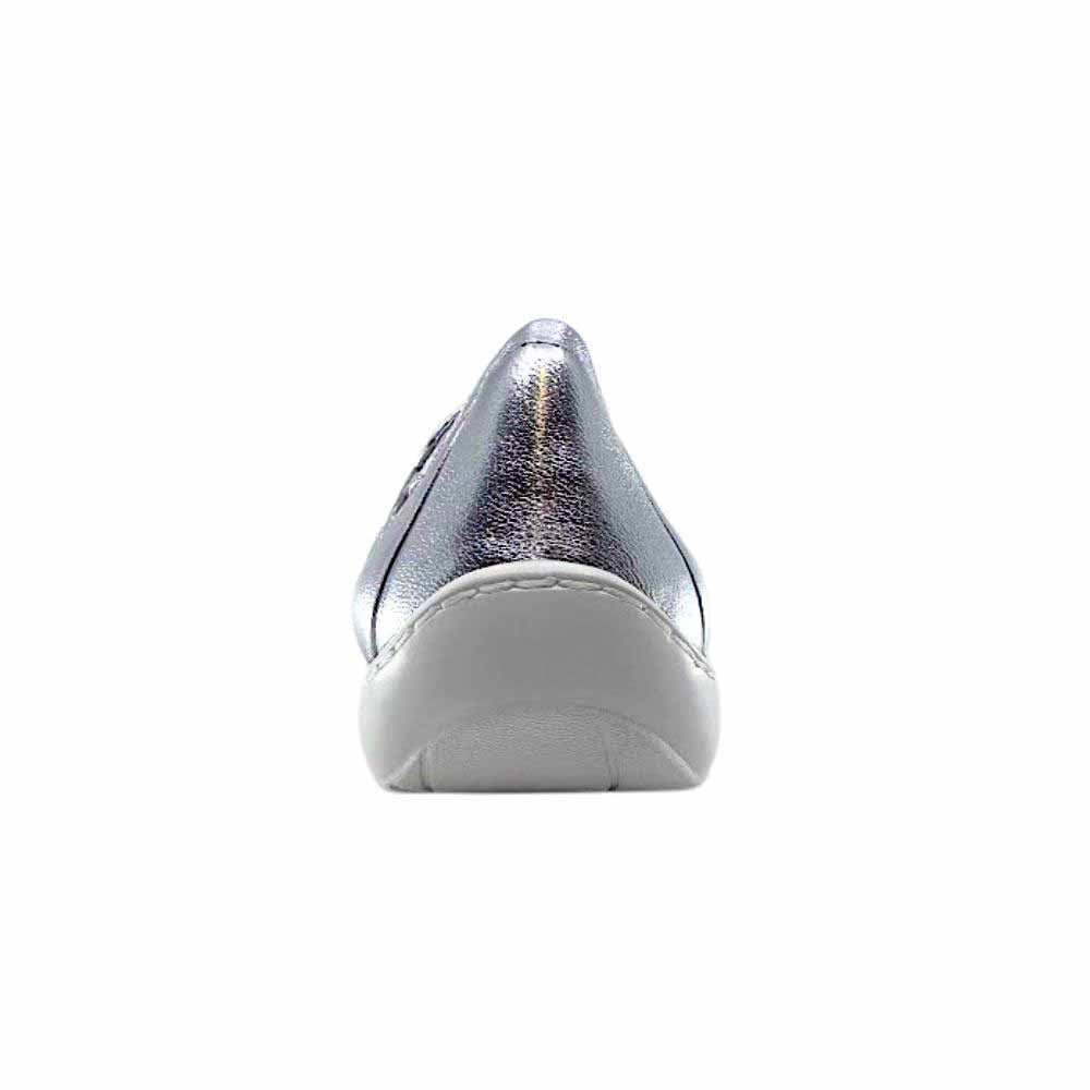 A single metallic silver shoe shown from the back against a plain white background.