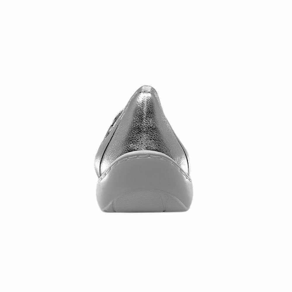 The back of a single metallic silver slip-on shoe, featuring a white sole, against a white background.