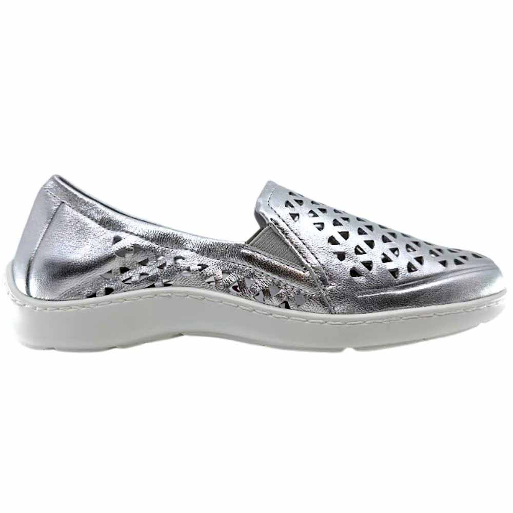 A single metallic silver slip-on shoe with geometric laser-cut perforations on the toe and side, featuring a white sole, shown in profile against a plain white background.