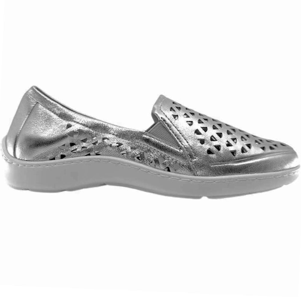 A single metallic silver slip-on shoe with geometric triangle cutouts on the toe and sides, featuring white soles, against a white background.