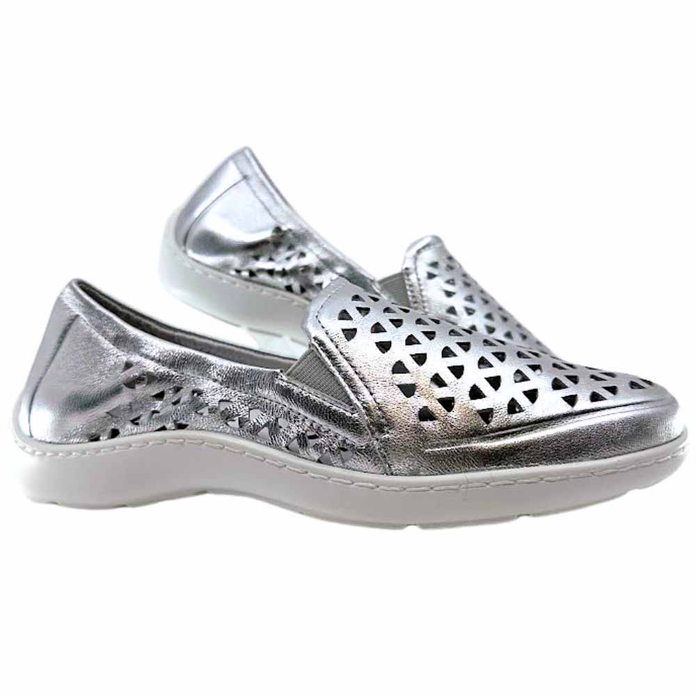 A pair of metallic silver slip-on shoes with geometric laser-cut perforations on the sides, featuring a white sole, shown against a plain white background.