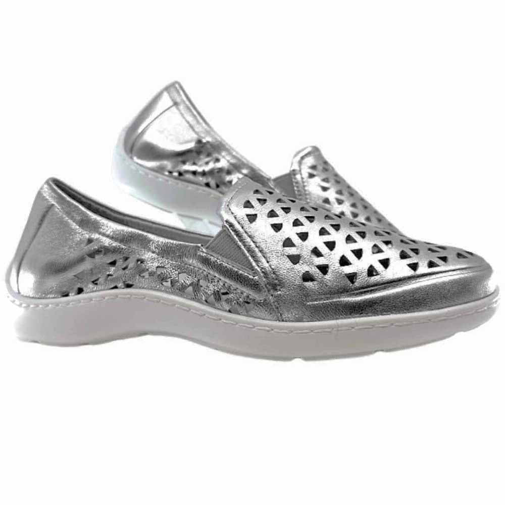 A pair of metallic silver slip-on shoes with geometric triangle cutouts on the toe and sides, featuring white soles, against a white background.